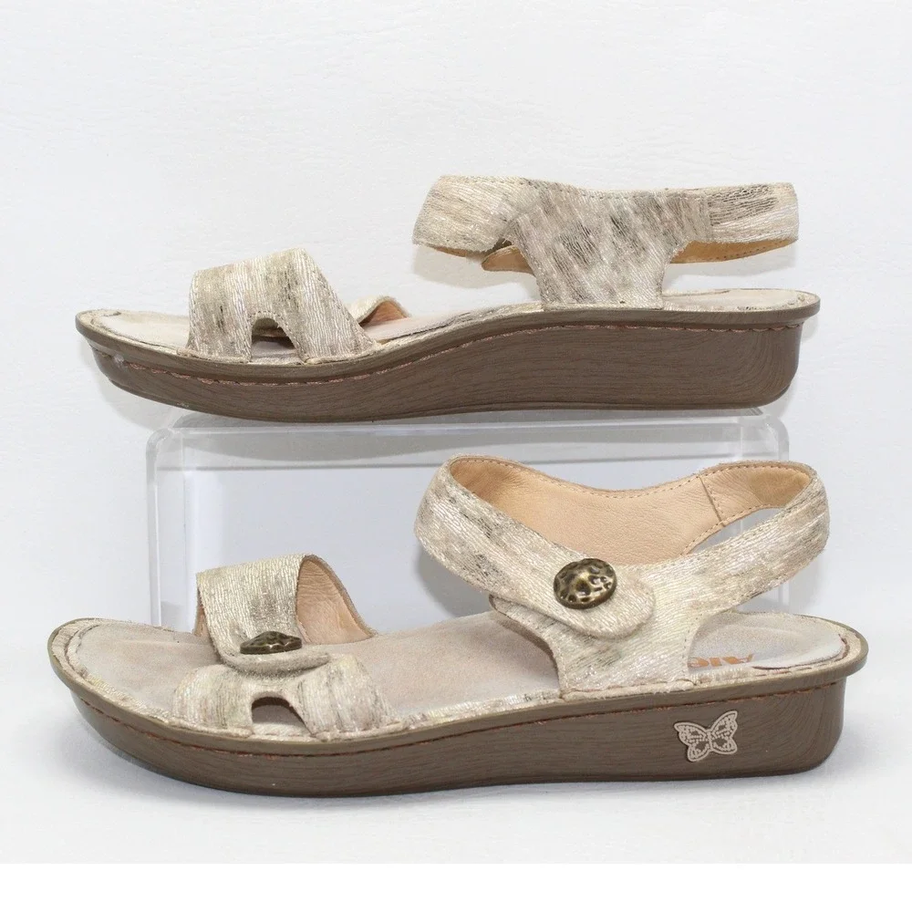 Alegria Vienna VIE-463 Metallic Gold Silver Leather‎ Wedge Sandals Womens 38